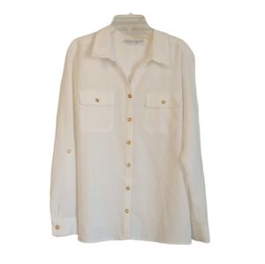 Kim Rogers Womens Button Down Top Sz L White Gold Buttons CottageCore Neutral